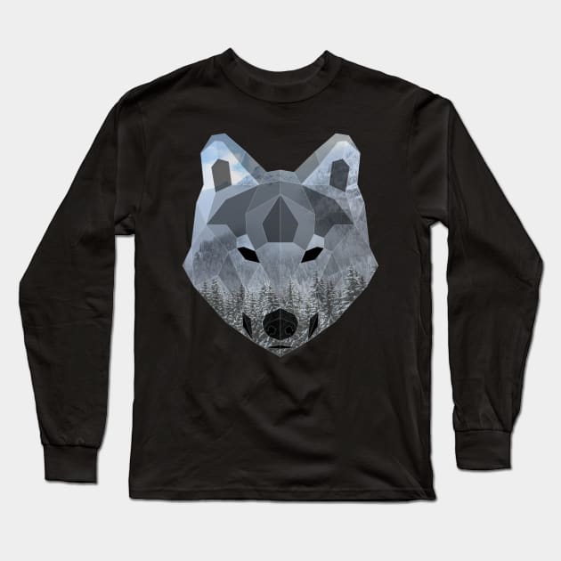 Gray Wolf Low Poly Double Exposure Art Long Sleeve T-Shirt by Jay Diloy